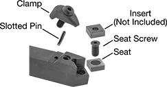 Image of System. Front orientation. Exploded view. Contains Annotated. Lathe Tool Insert Holders. Turning Lathe Tool Insert Holders, DSDN Insert Holder.