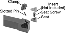 Image of System. Front orientation. Exploded view. Contains Annotated. Lathe Tool Insert Holders. Turning Lathe Tool Insert Holders, DTGN Insert Holder.