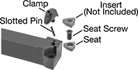 Image of System. Front orientation. Exploded view. Contains Annotated. Lathe Tool Insert Holders. Turning Lathe Tool Insert Holders, DWLN Insert Holder.