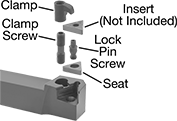 Image of System. Front orientation. Exploded view. Contains Annotated. Lathe Tool Insert Holders. Turning Lathe Tool Insert Holders, MTAN Insert Holder.