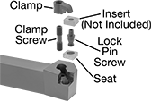 Image of System. Parts for M-Code Holders. Front orientation. Exploded view. Contains Annotated. Lathe Tool Insert Holder Replacement Parts. Parts for Carbide Insert Holders.