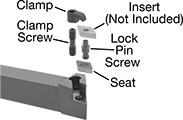 Image of System. Front orientation. Exploded view. Contains Annotated. Lathe Tool Insert Holders. Turning Lathe Tool Insert Holders, MDJN Insert Holder.