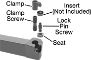 Image of System. Front orientation. Exploded view. Contains Annotated. Lathe Tool Insert Holders. Turning Lathe Tool Insert Holders, MRGN Insert Holder.