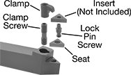 Image of System. Front orientation. Exploded view. Contains Annotated. Lathe Tool Insert Holders. Turning Lathe Tool Insert Holders, MTEN Insert Holder.