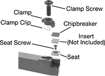 Image of System. Parts for C-Code Holders. Front orientation. Exploded view. Contains Annotated. Lathe Tool Insert Holder Replacement Parts. Parts for Carbide Insert Holders.