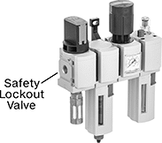 Image of System. Shown Installed. Front orientation. Contains Annotated. Safety Lockout Valves. Safety Lockout Valves for Festo Modular Compressed Air Filter/Regulator/Lubricators (FRLs).