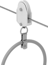 Image of ProductInUse. Front orientation. Cable and Hose Trolleys. Wire-Rope-Travel Hoist Cable and Hose Trolleys , For Round Cable/Air Hose, Style A.
