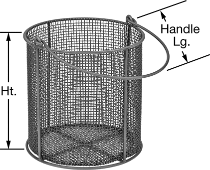 Image of Product. Front orientation. Contains Annotated. Wire Round Parts Basket, Stainless Steel, Straight, Swing Handle, 5-7/8" Diameter.