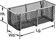 Image of Product. Without Handle. Front orientation. Contains Annotated. Parts Baskets. Made-to-Order Stainless Steel Rectangular Parts Baskets.