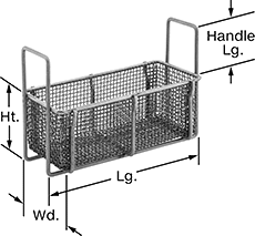 Image of Product. Front orientation. Contains Annotated. Parts Baskets. Made-to-Order Stainless Steel Rectangular Parts Baskets.