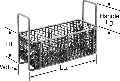 Image of Product. Front orientation. Contains Annotated. Stainless Steel Wire Rectangular Parts Basket, Dual Grip Handle, 7" x 5", 0.032" Wire Diameter.