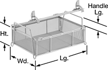 Image of Product. Front orientation. Contains Annotated. Parts Baskets. Stainless Steel Rectangular Enclosed Parts Baskets, Straight Baskets with Dual Handle and Hinged Lid.