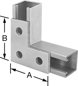 Image of ProductInUse. Front orientation. Contains Annotated. Strut Channel Bracket, Elbow, Zinc-Plated Steel, 3-1/2" Long.
