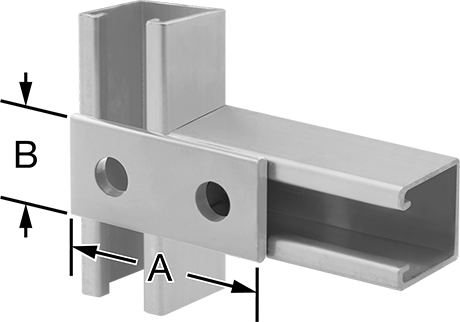 Image of ProductInUse. Front orientation. Contains Annotated. Strut Channel Bracket, Straight, Zinc-Plated Steel, 3-1/2" Long.