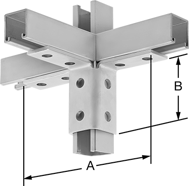Image of ProductInUse. Front orientation. Contains Annotated. Strut Channel Bracket, Triple 90 Degree, Galvanized Steel, 9-5/32" Length .