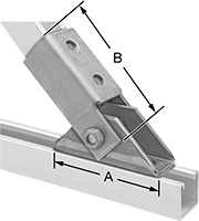 Image of ProductInUse. Front orientation. Contains Annotated. Strut Channel Framing and Fittings. Pivoting Strut Channel Brackets, Single Arm.