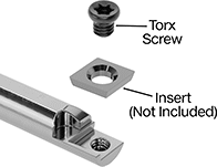 Image of System. Front orientation. Exploded, ZoomedIn view. Contains Annotated. Lathe Tool Insert Holders. Boring Lathe Tool Insert Holders, CSBI Insert Holder.