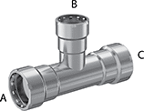 Image of Product. Tee Reducer. Front orientation. Contains Annotated. Pipe and Fittings. Low-Pressure Stainless Steel Press-Socket Pipe Fittings, Inline Tee Reducers, Press-Socket Female × Press-Socket Female × Press-Socket Female.