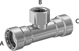 Image of Product. Tee Reducing Adapter. Front orientation. Contains Annotated. Pipe and Fittings. Low-Pressure Stainless Steel Press-Socket Pipe Fittings, Inline Tee Reducing Adapters, Threaded Fitting Connection, Female, Press-Socket Fitting Connection.