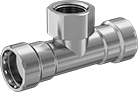 Image of Product. Tee Adapter. Front orientation. Pipe and Fittings. Low-Pressure Stainless Steel Press-Socket Pipe Fittings, Inline Tee Adapters, Threaded Fitting Connection, Female, Press-Socket Fitting Connection.