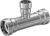 Image of Product. Inline Tee Reducer. Front orientation. Pipe and Fittings. Low-Pressure Iron and Steel Press-Socket Pipe Fittings, Inline Tee Reducers, Press Socket Female × Press Socket Female × Press Socket Female.
