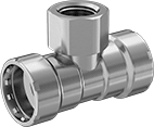 Image of Product. Tee Reducing Adapter. Front orientation. Pipe and Fittings. Low-Pressure Iron and Steel Press-Socket Pipe Fittings, Inline Tee Reducing Adapters, Threaded Fitting Connection, Female, Press-Socket Fitting Connection.