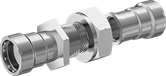 Image of Product. Union Straight Connector. Front orientation. Exploded view. Pipe and Fittings. Low-Pressure Iron and Steel Press-Socket Pipe Fittings, Union Straight Connectors, Press Socket Female.