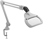 Image of Product. Front orientation. Rectangular Lens. Illuminated Clamp-On Workstation Magnifiers, LED Bulb, Enclosed Spring.