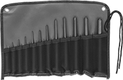 Image of Product. 12-Punch Set in Pouch. Front orientation. Pin Removal Punches. Pin Removal Punch Sets for Hollow and Spring Pins, 12 Pieces, Round Handle, Pouch.