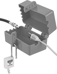 Image of ProductInUse. Style D (Padlock Not Included). Front orientation. Contains MultipleImages. Lockouts. Air Hose Lockouts, Lockout Cover, Style D.
