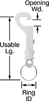 Image of Product. Side1 orientation. Snap Hooks. Slide-Bolt-Latch Snap Hooks with Swivel Split Ring.