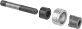 Image of Product. Punch with Die, Stud, and Spacer. Front orientation. Exploded view. Hole Punches. Self-Centering Stud-Driven Round Hole Punches, Punch, Stud, Die, Spacer.