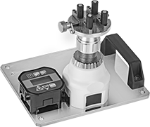 Image of ProductInUse. Torque Gauge Shown with Stand and Fixture (Sold Separately). Front orientation. Torque Gauges. Chuck-Style Digital Torque Tool Gauges.