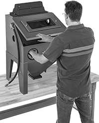 Image of ProductInUse. Shown in Use. Front orientation. Abrasive Blasting Cabinets. Abrasive Blasting Cabinets, Bench Top.