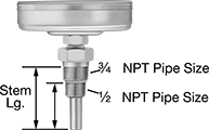 Image of Product. Bottom orientation. Contains Annotated. Thermometers. Heavy Duty Threaded Thermometers with Thermowell.