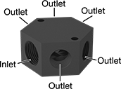 Image of Product. Front orientation. Contains Annotated. Manifolds. Low-Profile Hex Manifolds, Anodized Aluminum.