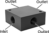 Image of Product. Front orientation. Contains Annotated. Manifolds. Low-Profile Square Manifolds, Anodized Aluminum.