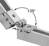 Image of ProductInUse. Front orientation. Contains Annotated. Strut Channel Framing and Fittings. Strut Channel Hinges, Butt Hinge, 135° Range of Motion.