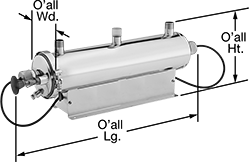 Image of Product. Front orientation. Contains Annotated. Ultraviolet Water Purifiers. 316 Stainless Steel Housing.