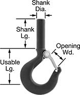 Image of Product. Shown with Latch. Front orientation. Contains Annotated. Hooks. Not for Lifting, Slip Hook, Unthreaded Shank.