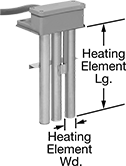 Image of Product. Front orientation. Contains Annotated. Heating Elements. Bolt-On Immersion Heating Elements with Overheat Protection for Chemical Solutions, Without Temperature Control, 3 Heating Elements.