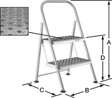 Image of Product. Front orientation. Contains Annotated, Inset. Step Stools. Foldable Clean Room Step Stools, 2 Steps.