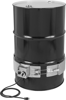 Image of ProductInUse. Front orientation. Heavy Duty Wraparound Heater with Time-Cycle Control, for 55 Gallon Container, 1750W.