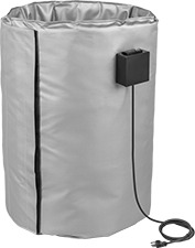 Image of ProductInUse. For 5, 15, 30, 55 and 85 gal. Containers with Adjustable Thermostat. Front orientation. Wraparound Heaters. Thermally Insulating Wraparound Heaters for Pails, Drums, and Totes, Adjustable Thermostat.