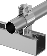 Image of ProductInUse. Perpendicular-Mounted Clamp Shown Installed. Front orientation. Strut Channel Framing and Fittings. Standoff Strut Channel Routing Clamps, Zinc-Plated Steel, Perpendicular Mount.