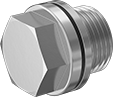 Image of Product. Male. Front orientation. Pipe and Fittings. Low-Pressure Stainless Steel Threaded Pipe Fittings, External-Hex-Drive Plugs with Copper Washer, Male, Threaded Fitting Connection, Hex Body.