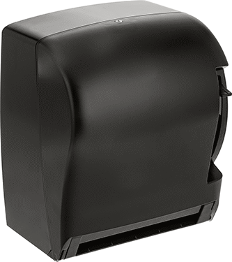 Image of Product. Front orientation. Paper Towel Dispenser with Push Handle, Black Plastic.