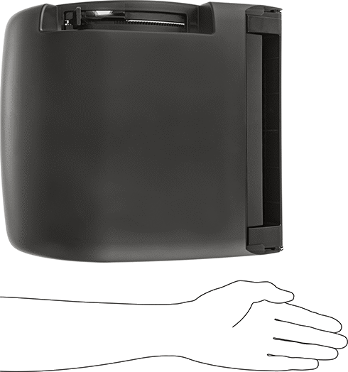 Image of Product. Side1 orientation. Contains SizingReference. Paper Towel Dispenser with Push Handle, Black Plastic.