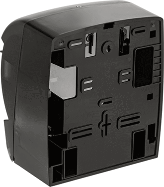 Image of Product. Back orientation. Paper Towel Dispenser with Push Handle, Black Plastic.