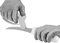 Image of ProductInUse. Shown in Use with Knife. Front orientation. Blade Sharpeners. Blade Sharpeners, For Sharpening Knives and Scissors.